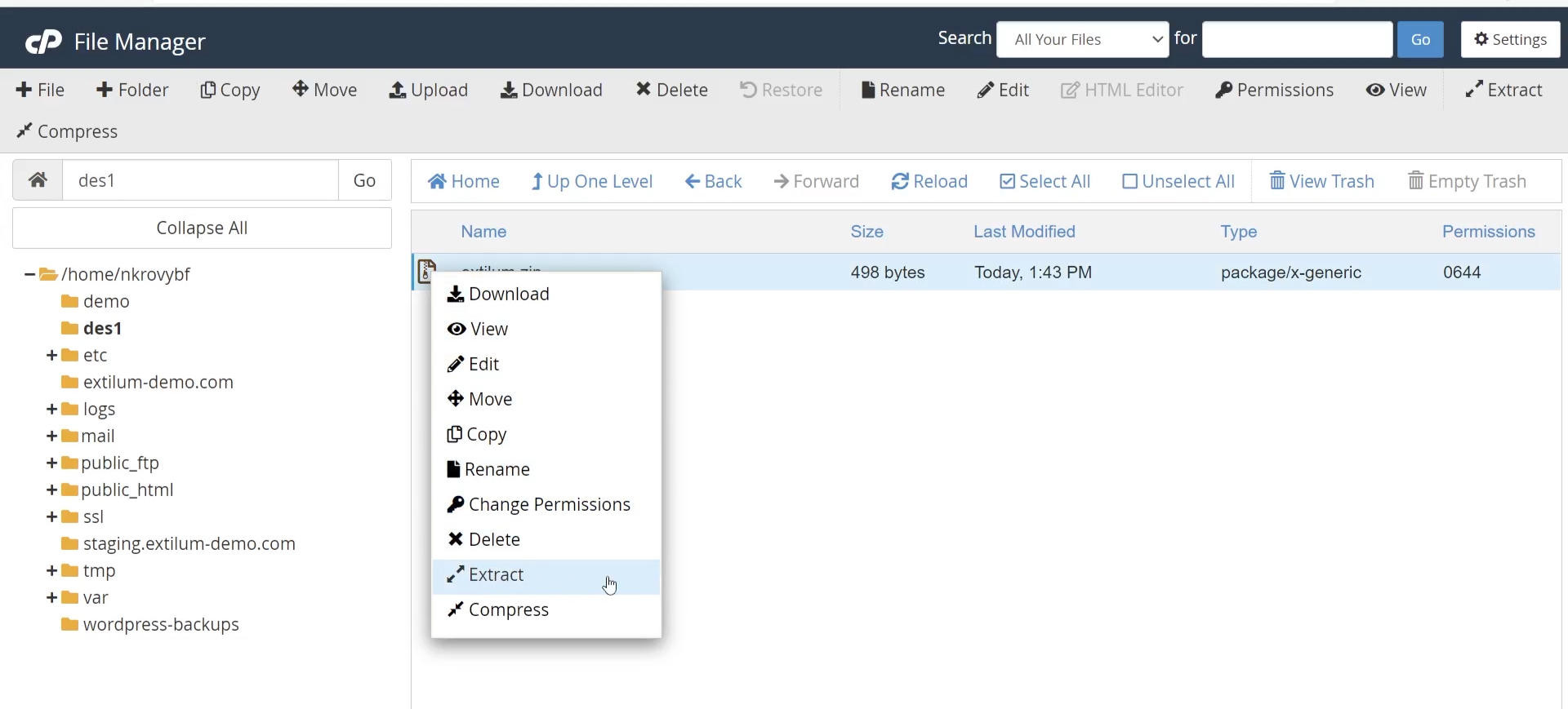 cPanel extract archive