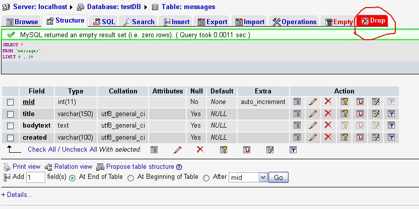 PhpMyAdmin drop table