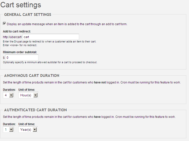 Ubercart cart settings