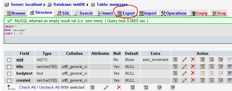 PhpMyAdmin export